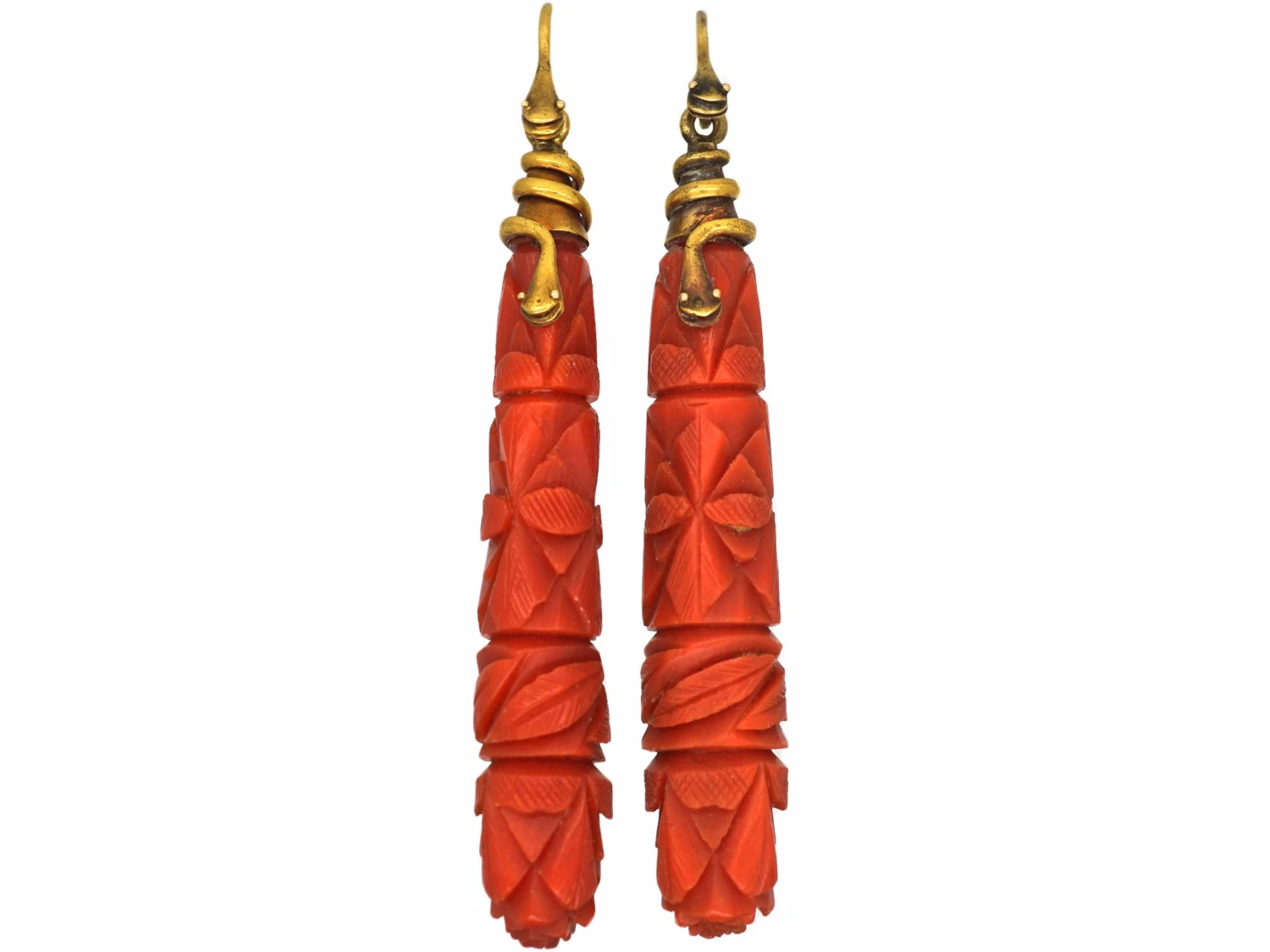 Georgian Carved Coral Drop Earrings With 15ct Gold Snake Wires 3 Georgian Carved Coral Drop Earrings With 15ct Gold Snake Wires