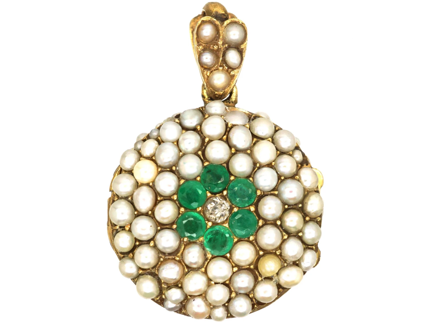 Edwardian 15ct Gold Double Sided Round Locket Set With Pearls, Emeralds & Diamonds 3 Edwardian 15ct Gold Double Sided Round Locket Set With Pearls, Emeralds & Diamonds