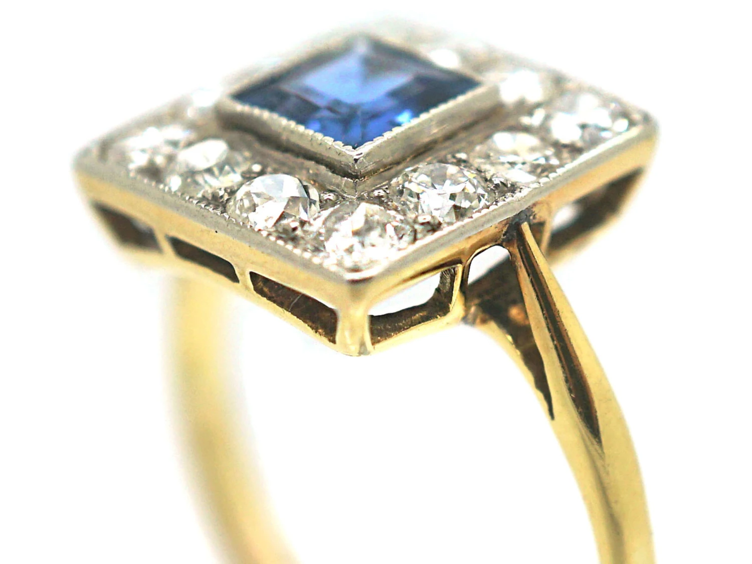 Art Deco 18ct Gold & Platinum Square Sapphire & Diamond Ring 5 Art Deco 18ct Gold & Platinum Square Sapphire & Diamond Ring - Image 3