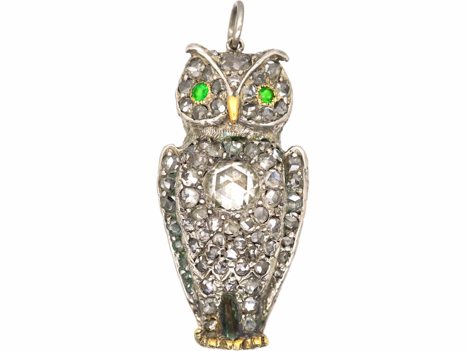 Victorian Owl Pendant Set With Rose Cut Diamonds & Green Garnets 3 Victorian Owl Pendant Set With Rose Cut Diamonds & Green Garnets