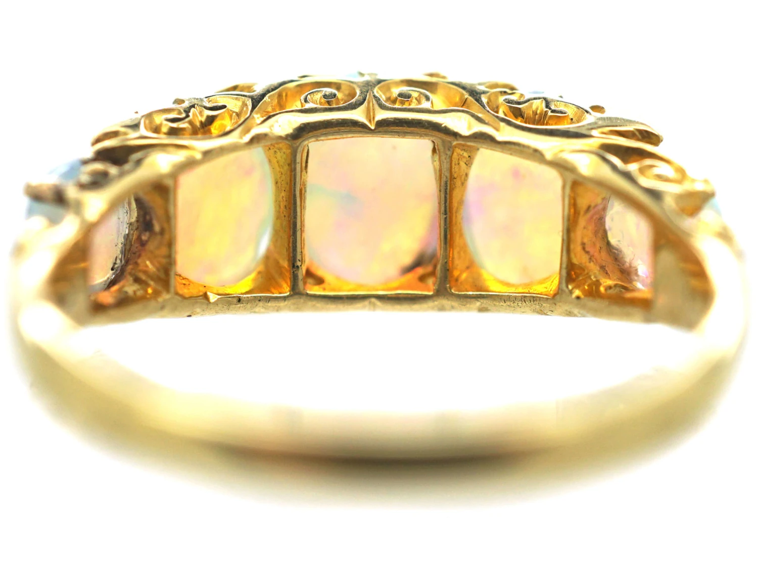Edwardian 18ct Gold Half Carved Half Hoop Five Stone Opal Ring 7 Edwardian 18ct Gold Half Carved Half Hoop Five Stone Opal Ring - Image 5