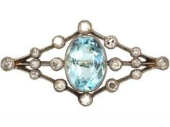 Edwardian Aquamarine & Diamond Brooch In Original Case