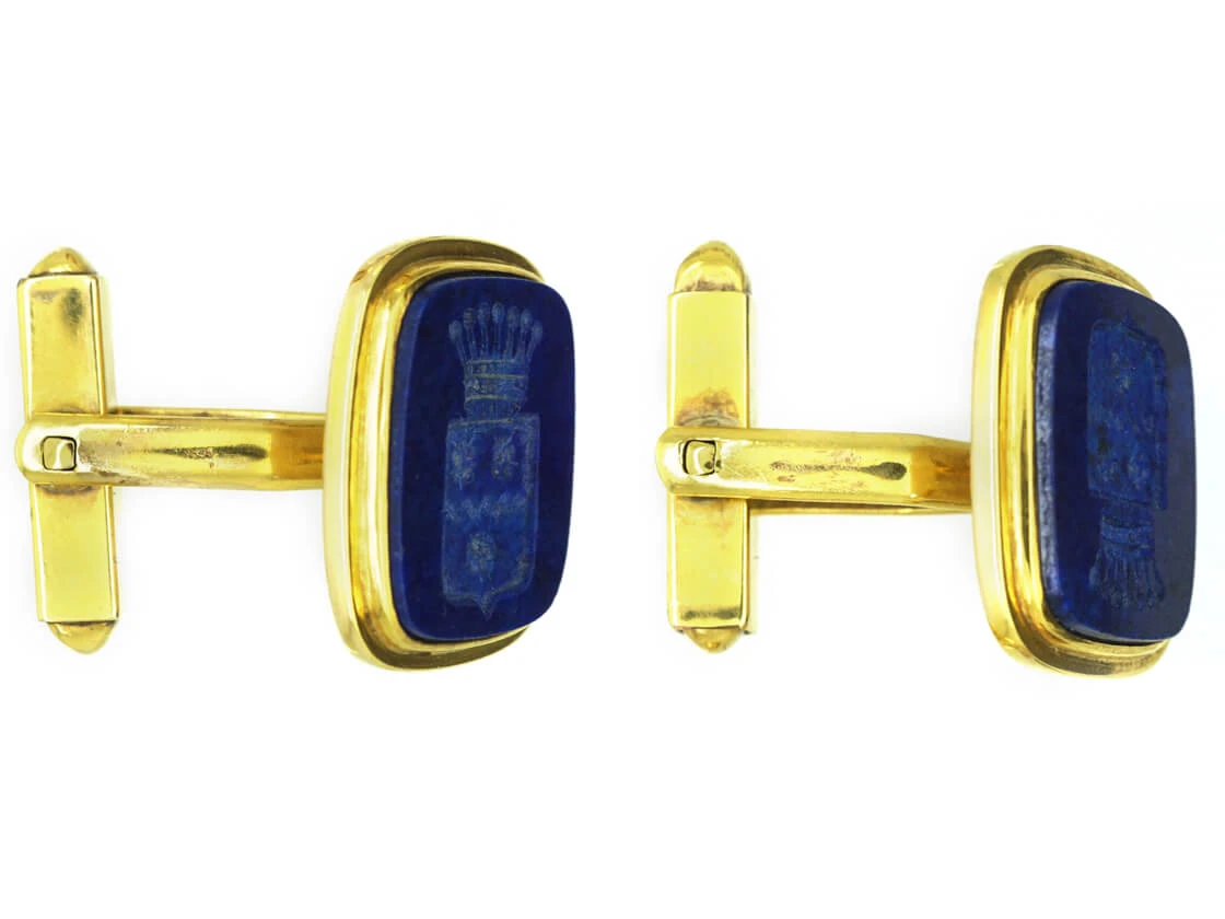 French 18ct Gold & Lapis Lazuli Cufflinks With Intaglio Of A Marquis Crest 5 French 18ct Gold & Lapis Lazuli Cufflinks With Intaglio Of A Marquis Crest - Image 3