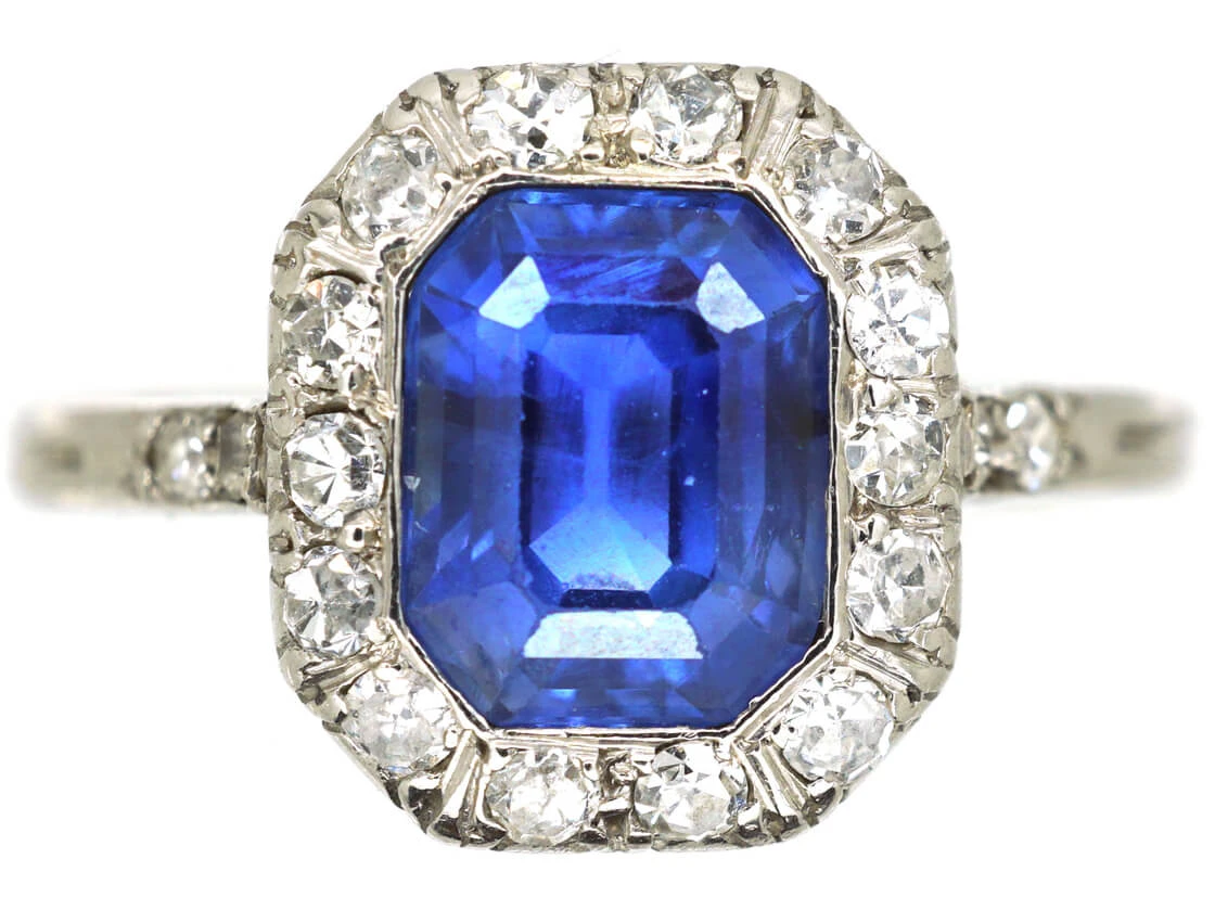 Art Deco Ceylon Sapphire & Diamond Platinum Octagonal Shaped Ring 3 Art Deco Ceylon Sapphire & Diamond Platinum Octagonal Shaped Ring