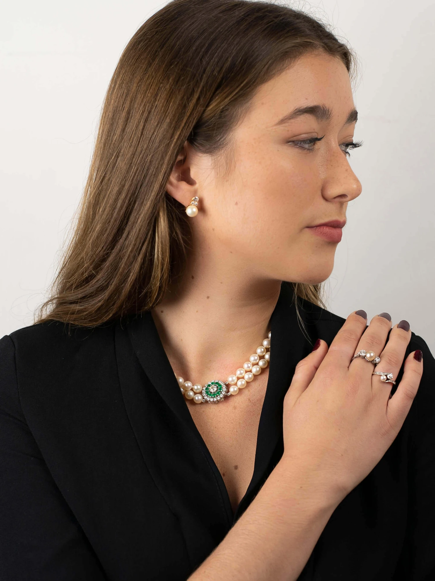 Cultured Pearl Double Strand Necklace With Emerald & Diamond Clasp 4 Cultured Pearl Double Strand Necklace With Emerald & Diamond Clasp - Image 2