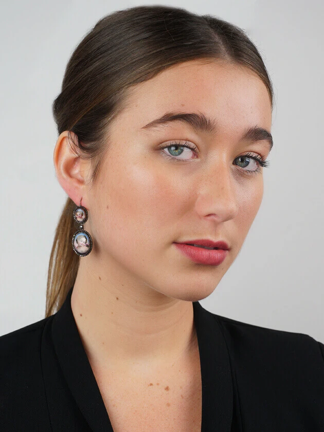 Victorian Cut Steel & Porcelain Cherub Drop Earrings 4 Victorian Cut Steel & Porcelain Cherub Drop Earrings - Image 2