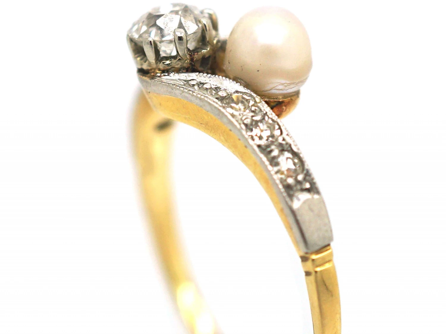 Edwardian 18ct Gold & Platinum Crossover Ring Set With A Natural Pearl & A Diamond 5 Edwardian 18ct Gold & Platinum Crossover Ring Set With A Natural Pearl & A Diamond - Image 3