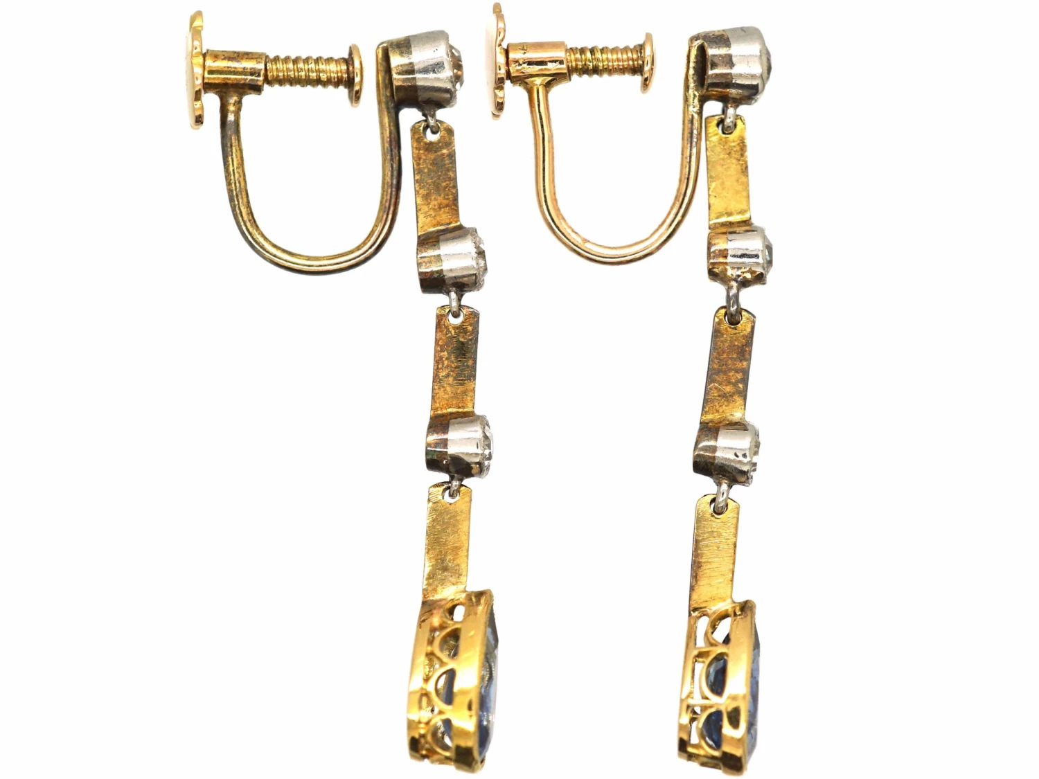 Edwardian 15ct Gold, Diamond & Sapphire Drop Earrings 4 Edwardian 15ct Gold, Diamond & Sapphire Drop Earrings - Image 2