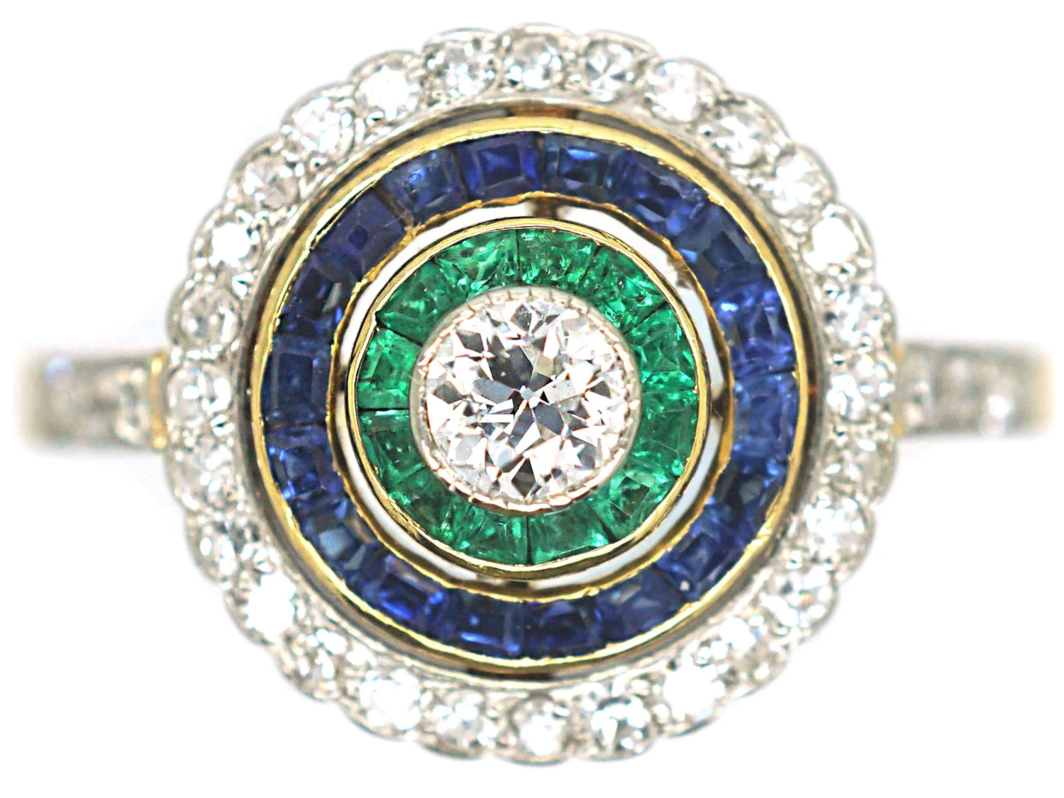 Art Deco 18ct Gold & Platinum, Diamond Emerald & Sapphire Target Ring 3 Art Deco 18ct Gold & Platinum, Diamond Emerald & Sapphire Target Ring