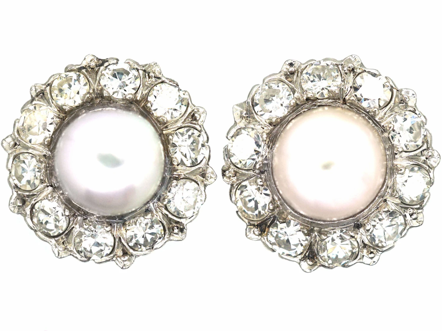 Large 18ct White Gold, Diamond & Pearl Cluster Earrings 3 Large 18ct White Gold, Diamond & Pearl Cluster Earrings