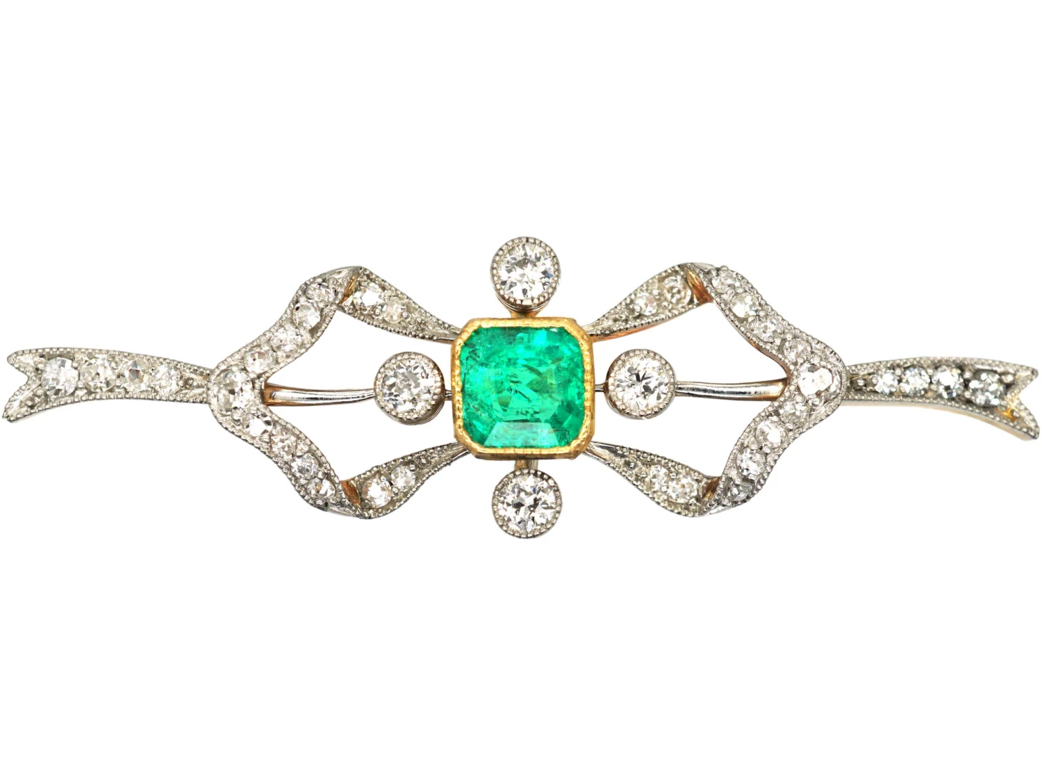 Art Deco 15ct Gold & Platinum, Emerald & Diamond Bow Brooch 3 Art Deco 15ct Gold & Platinum, Emerald & Diamond Bow Brooch