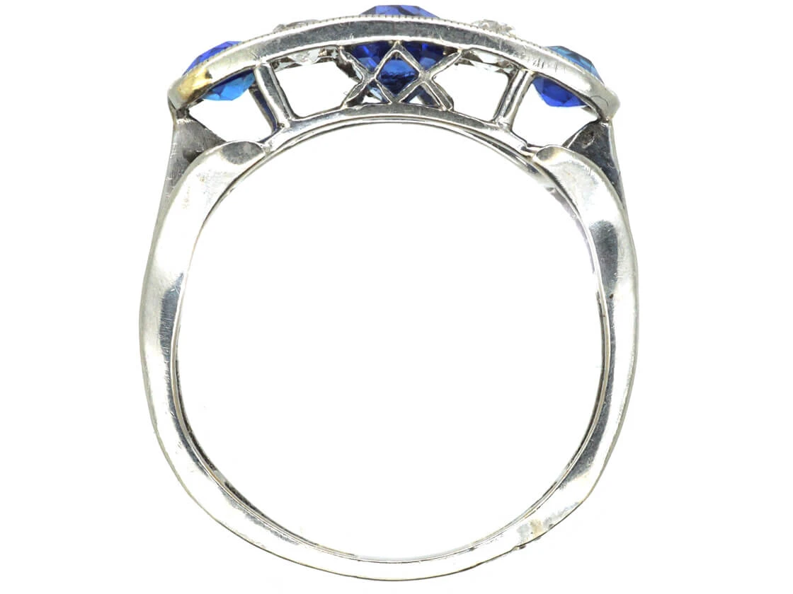 French Art Deco Platinum, Three Stone Sapphire & Diamond Ring 5 French Art Deco Platinum, Three Stone Sapphire & Diamond Ring - Image 3