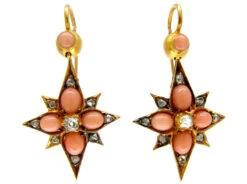 Victorian Coral & Diamond Star Drop Earrings