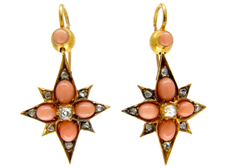Victorian Coral & Diamond Star Drop Earrings 3 Victorian Coral & Diamond Star Drop Earrings