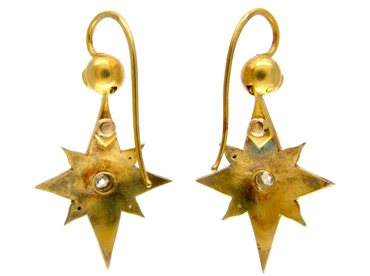 Victorian Coral & Diamond Star Drop Earrings 4 Victorian Coral & Diamond Star Drop Earrings - Image 2