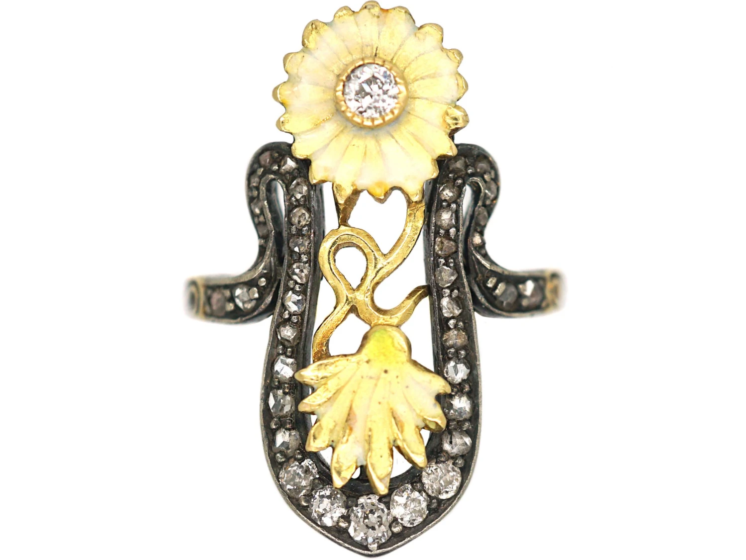 Art Nouveau 18ct Gold Diamond & Enamel Flowers Ring 3 Art Nouveau 18ct Gold Diamond & Enamel Flowers Ring