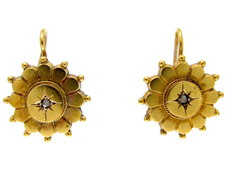 Victorian 15ct Gold Diamond Set Flower Earrings 3 Victorian 15ct Gold Diamond Set Flower Earrings