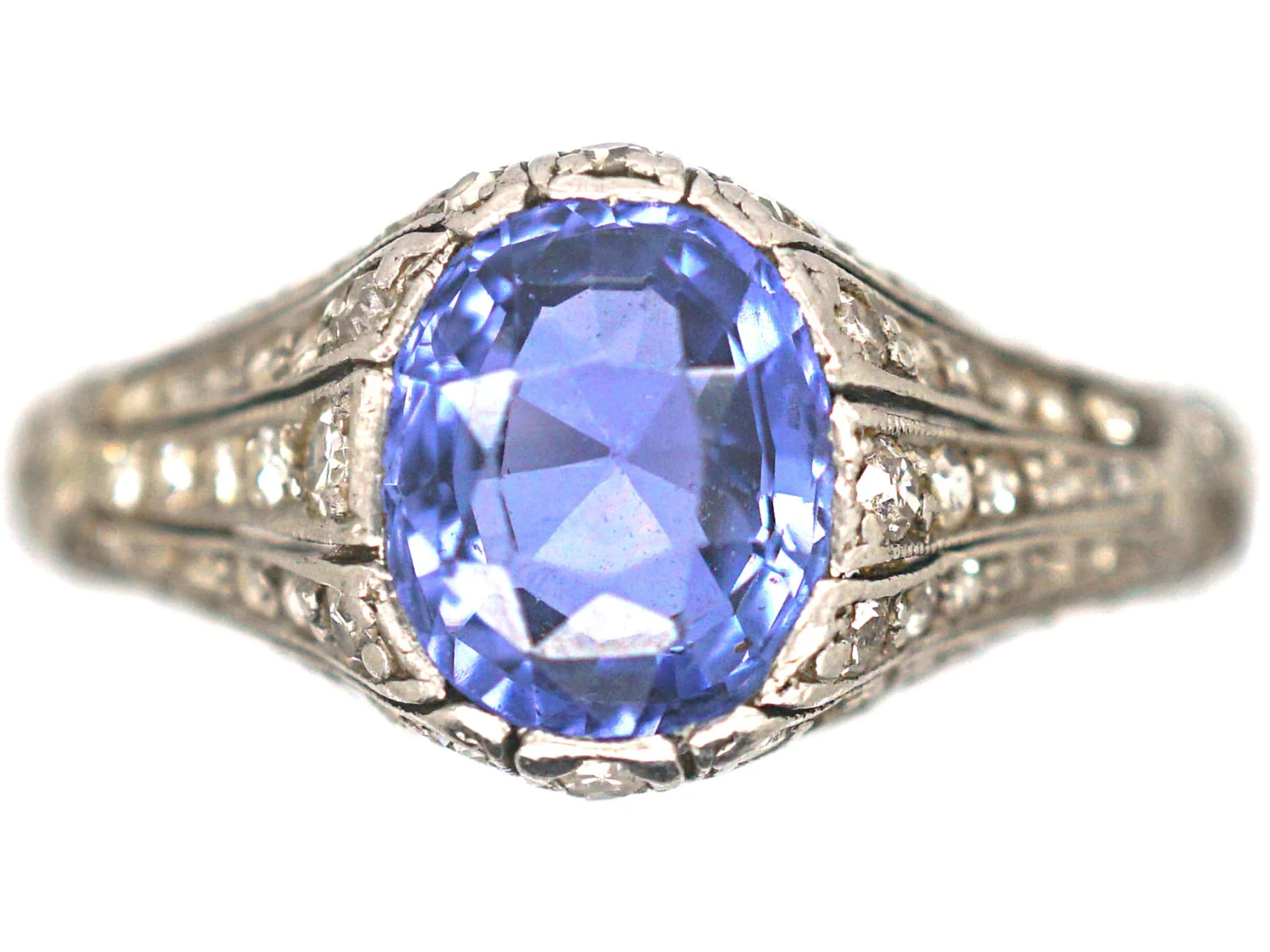 Art Deco Platinum, Ceylon Sapphire & Rose Diamond Ring 3 Art Deco Platinum, Ceylon Sapphire & Rose Diamond Ring