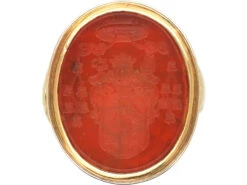 Georgian 9ct Gold & Carnelian Carved Intaglio Ring Of A Coat Of Arms