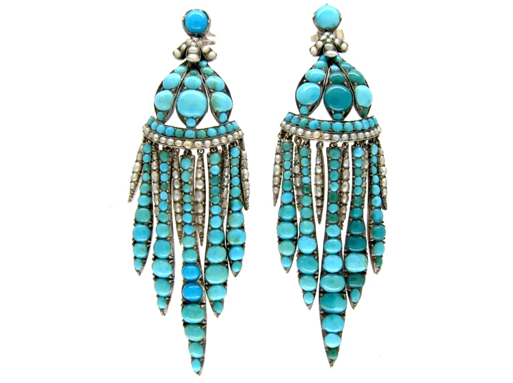 Turquoise & Pearl Fringe Drop Earrings 3 Turquoise & Pearl Fringe Drop Earrings