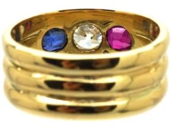 Retro 18ct Gold, Red, White & Blue Gem Set Ring -Antique Jewellery Company 79f9e23f vintage three stone sapphire diamond ruby 18ct gold ring3 scaled 1