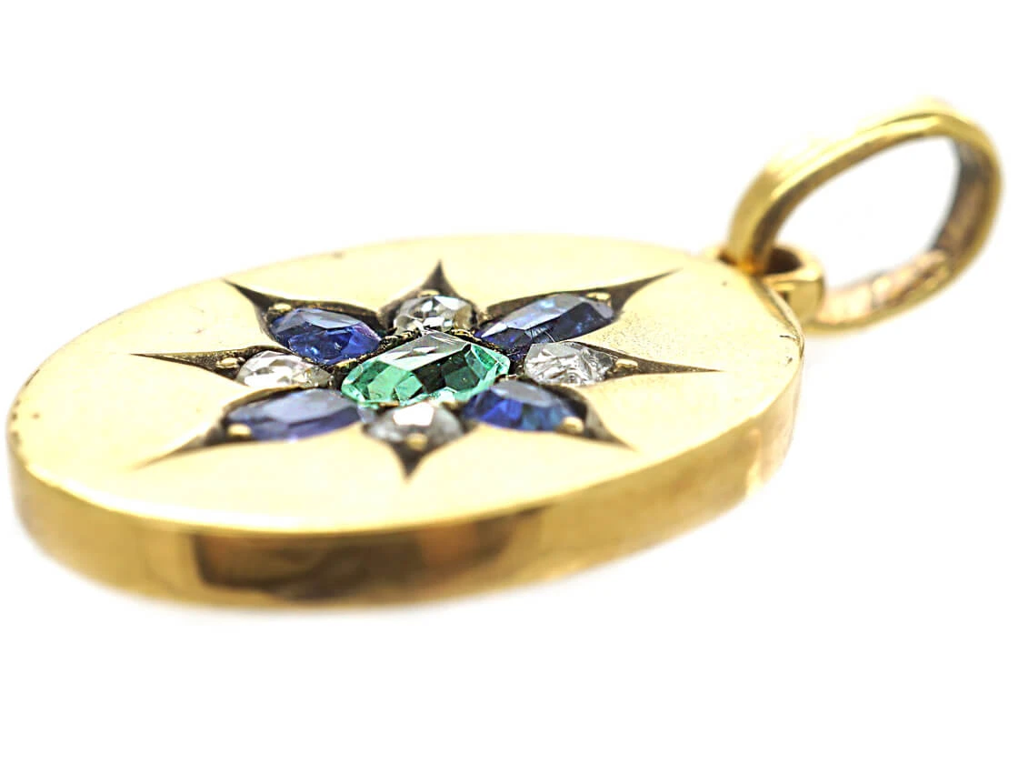 Edwardian 18ct Gold Oval Pendant Set With An Emerald, Rose Diamonds & Sapphires 4 Edwardian 18ct Gold Oval Pendant Set With An Emerald, Rose Diamonds & Sapphires - Image 2