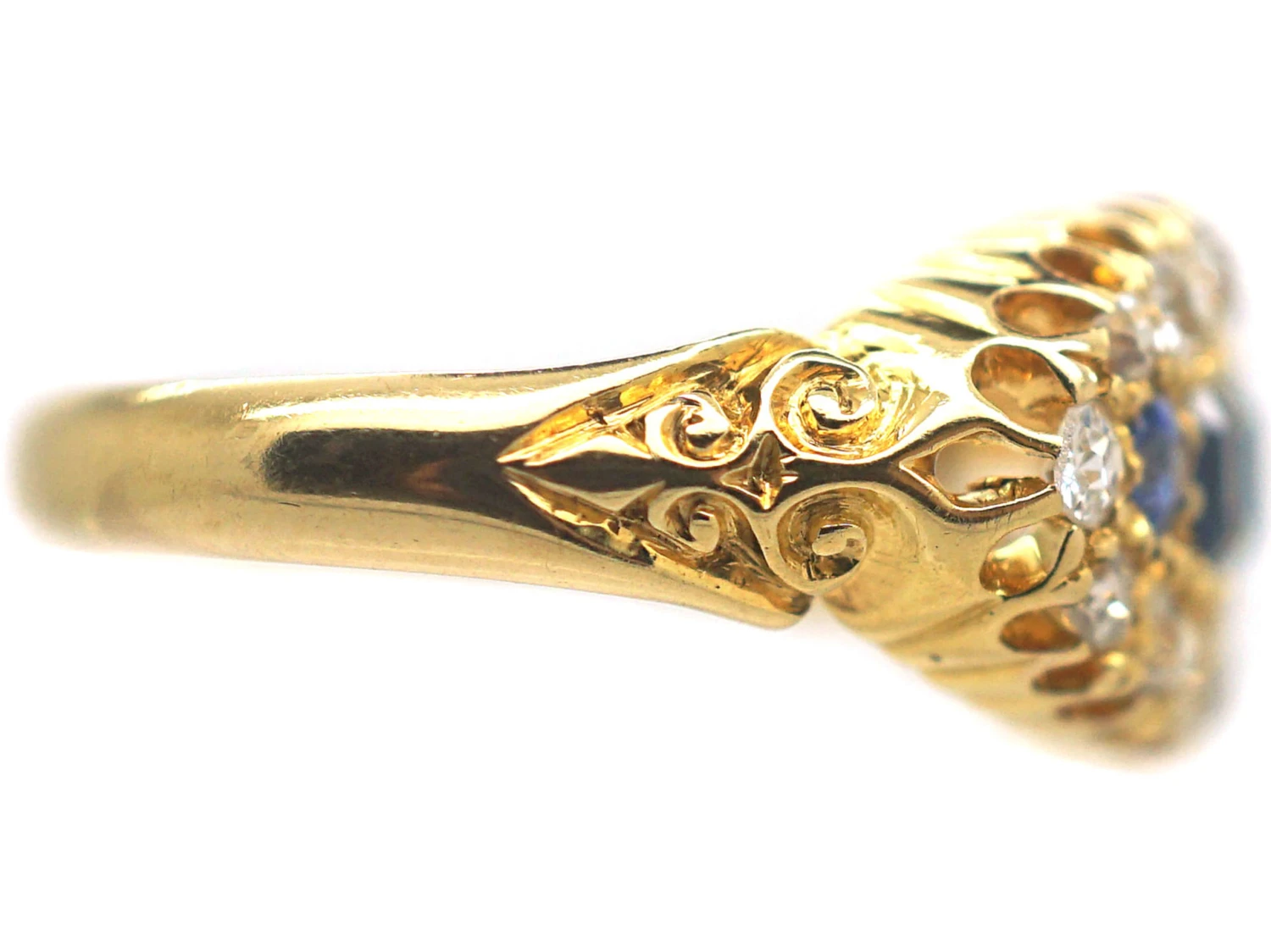 Edwardian 18ct Gold Boat Shaped Sapphire Diamond Ring 7 Edwardian 18ct Gold Boat Shaped Sapphire Diamond Ring - Image 5