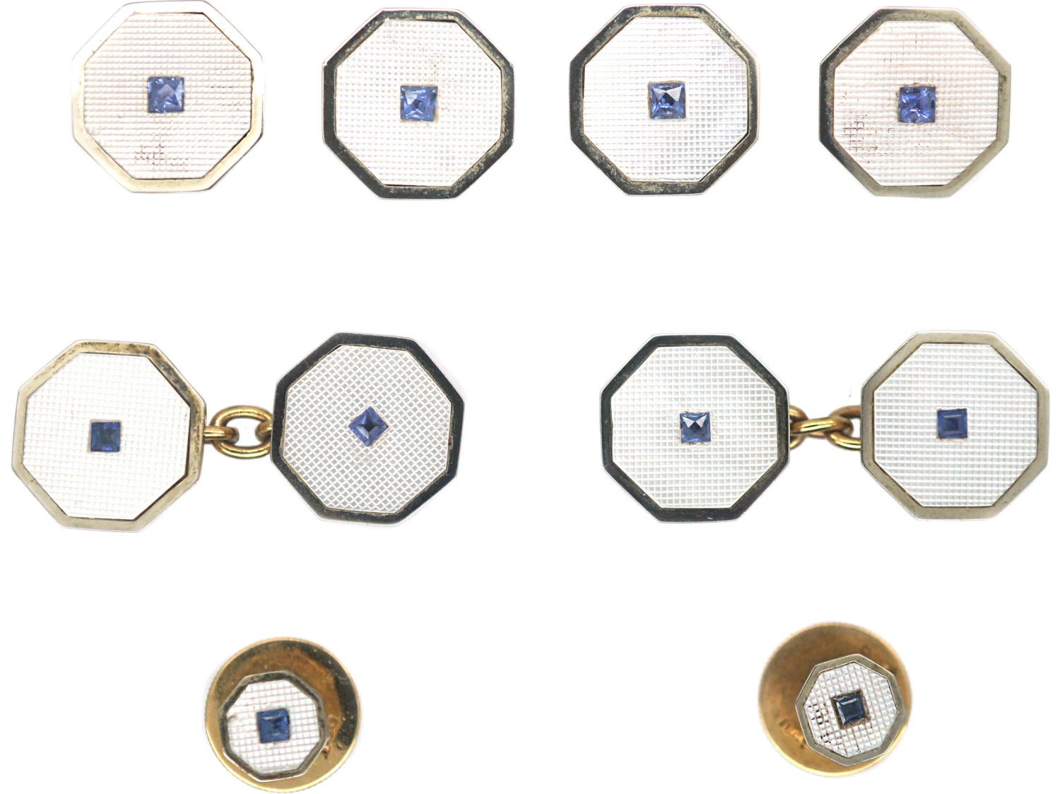 Art Deco 9ct & 18ct Gold Mother Of Pearl & Sapphire Dress Set In Original Case 3 Art Deco 9ct & 18ct Gold Mother Of Pearl & Sapphire Dress Set In Original Case