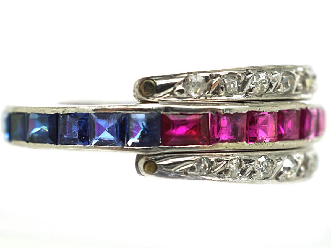 Art Deco 18ct White Gold Ruby, Diamond & Sapphire Flipover Ring 5 Art Deco 18ct White Gold Ruby, Diamond & Sapphire Flipover Ring - Image 3