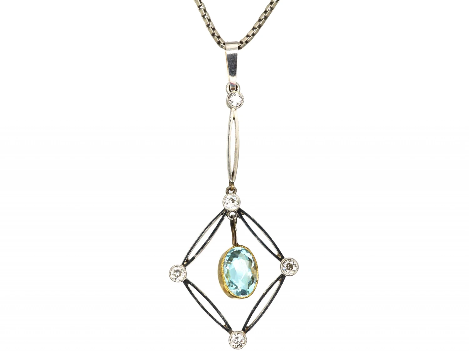 Art Deco 15ct Gold & Platinum Aquamarine & Diamond Drop Pendant On Chain In Original Case 3 Art Deco 15ct Gold & Platinum Aquamarine & Diamond Drop Pendant On Chain In Original Case