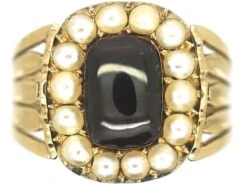 Georgian 18ct Gold, Cabochon Garnet & Natural Split Pearl Swivel Mourning Ring