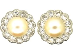 Edwardian 18ct White & Yellow Gold Cluster Earrings Set With Diamonds & Pearls