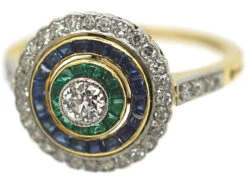 Art Deco 18ct Gold & Platinum, Diamond Emerald & Sapphire Target Ring 15 Art Deco 18ct Gold & Platinum, Diamond Emerald & Sapphire Target Ring -Antique Jewellery Company 80097755 dsc05878 scaled 1