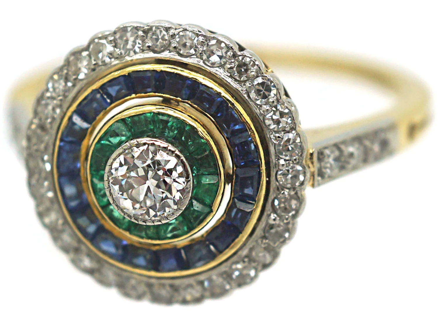 Art Deco 18ct Gold & Platinum, Diamond Emerald & Sapphire Target Ring 9 Art Deco 18ct Gold & Platinum, Diamond Emerald & Sapphire Target Ring - Image 7