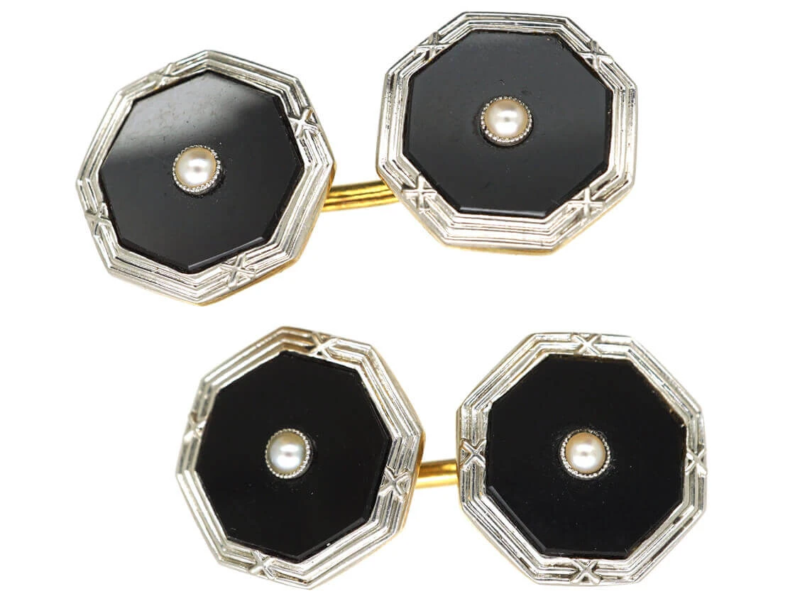 Art Deco Platinum & 18ct Gold Cufflinks Set With Onyx & Natural Split Pearls 3 Art Deco Platinum & 18ct Gold Cufflinks Set With Onyx & Natural Split Pearls