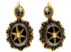 Banded Onyx & Pearl Drop Victorian Earrings