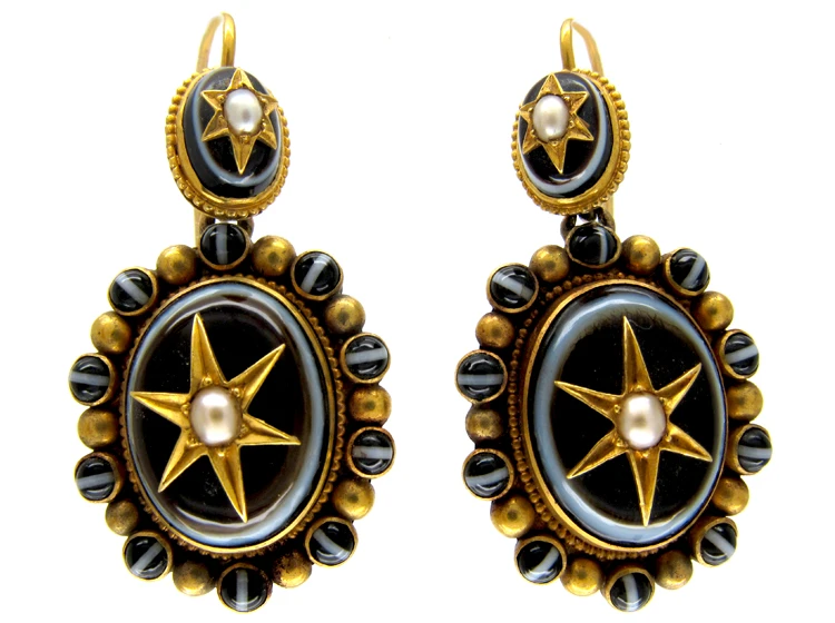 Banded Onyx & Pearl Drop Victorian Earrings 3 Banded Onyx & Pearl Drop Victorian Earrings