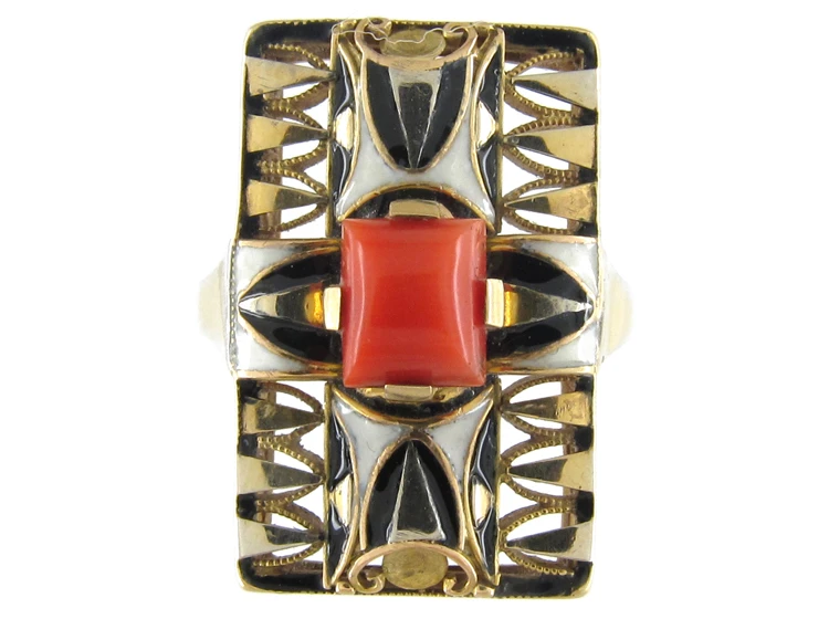 Art Deco Coral & Enamel Ring 3 Art Deco Coral & Enamel Ring