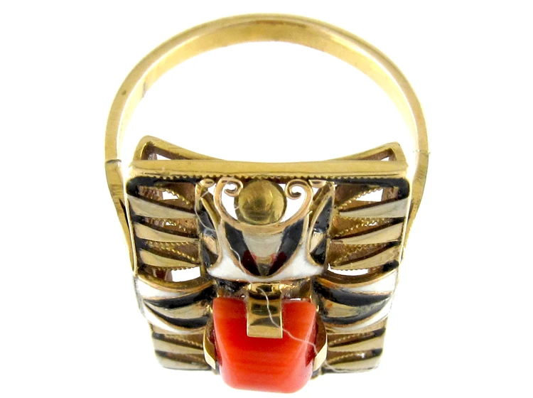 Art Deco Coral & Enamel Ring 4 Art Deco Coral & Enamel Ring - Image 2
