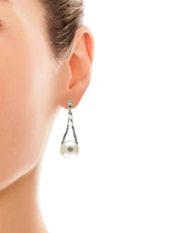Large Cultured Pearl & Diamond Drop Earrings -Antique Jewellery Company 81