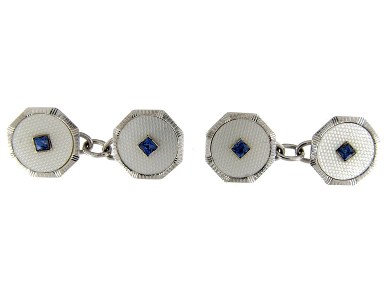 9ct & Mother Of Pearl Cufflinks Set With Sapphires 3 9ct & Mother Of Pearl Cufflinks Set With Sapphires