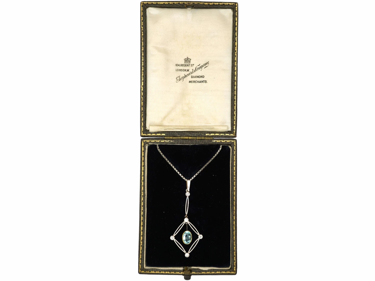 Art Deco 15ct Gold & Platinum Aquamarine & Diamond Drop Pendant On Chain In Original Case 4 Art Deco 15ct Gold & Platinum Aquamarine & Diamond Drop Pendant On Chain In Original Case - Image 2