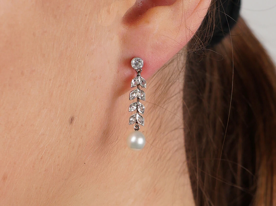 Edwardian 15ct Gold & Platinum, Diamond & Pearl Drop Earrings 8 Edwardian 15ct Gold & Platinum, Diamond & Pearl Drop Earrings - Image 6