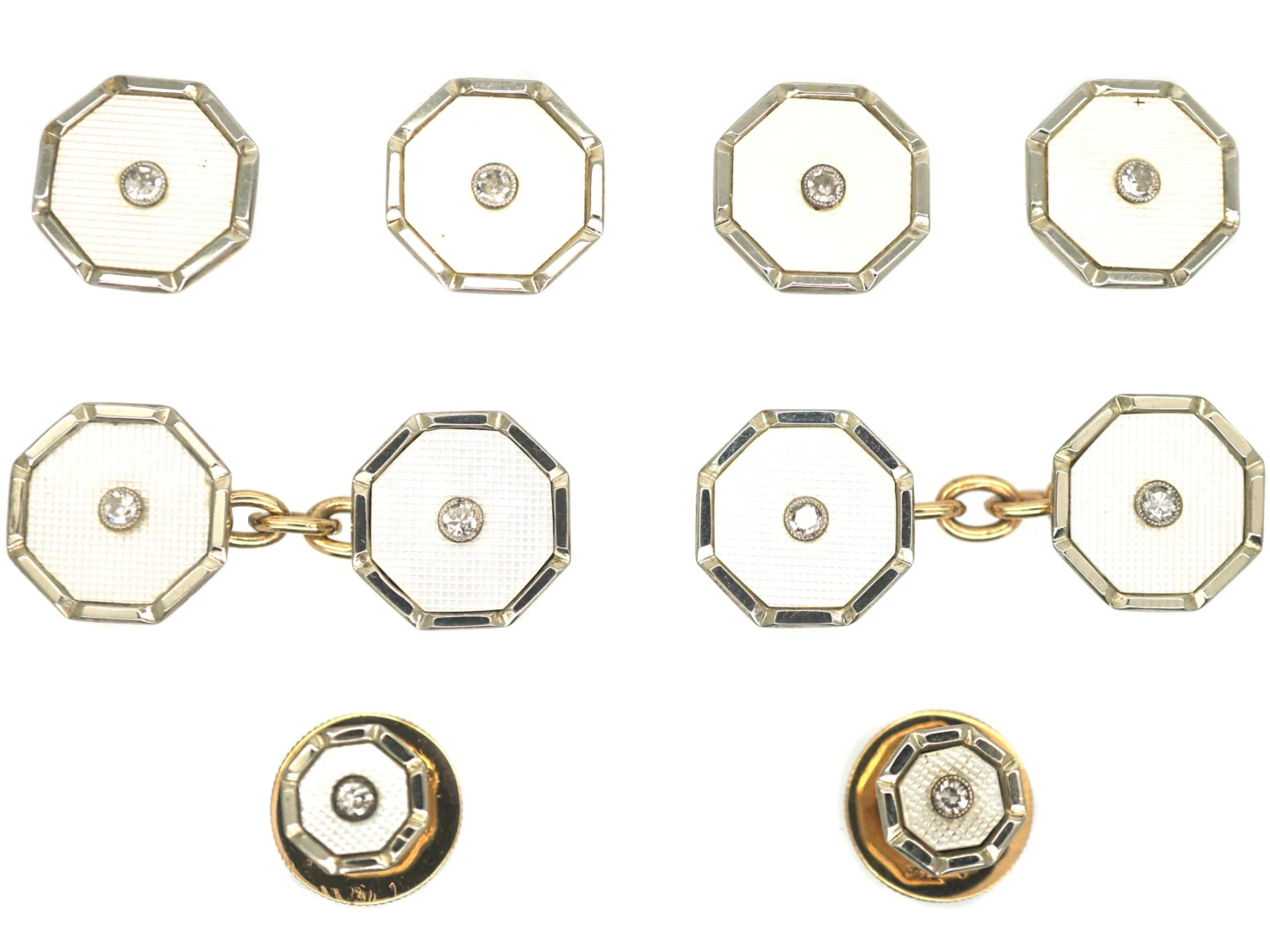 Art Deco 9ct Yellow Gold & 18ct White Gold, Mother Of Pearl & Diamonds Cufflinks & Studs Dress Set In Original Case 3 Art Deco 9ct Yellow Gold & 18ct White Gold, Mother Of Pearl & Diamonds Cufflinks & Studs Dress Set In Original Case