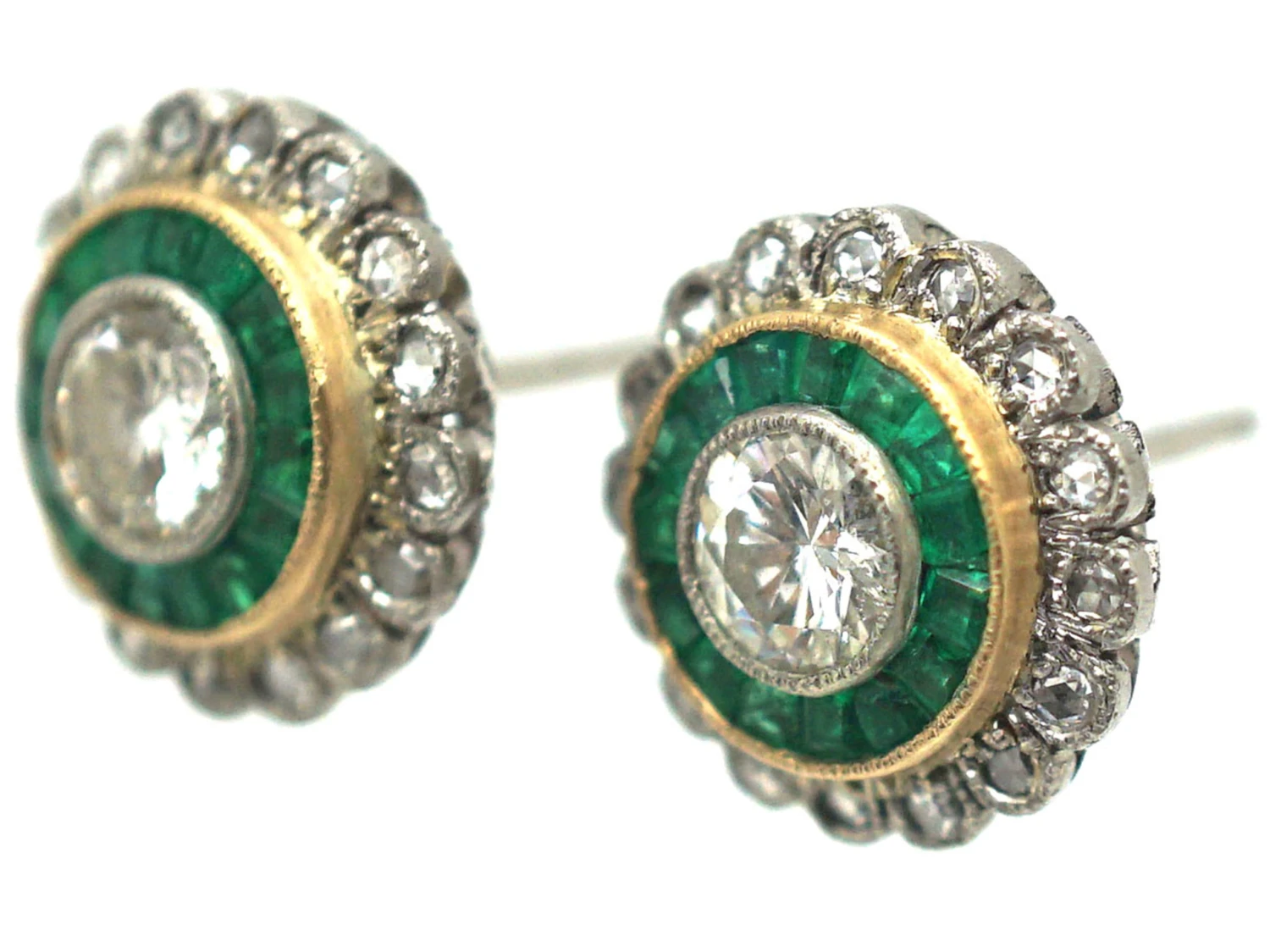 Art Deco 18ct Gold & Platinum, Emerald & Diamond Target Earrings 6 Art Deco 18ct Gold & Platinum, Emerald & Diamond Target Earrings - Image 4