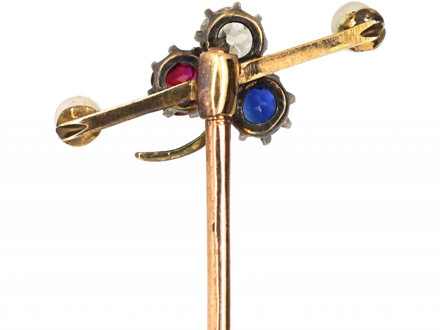 Edwardian Three Leaf Clover Sapphire, Diamond & Ruby Tie Pin With A Natural Pearl At Either End 4 Edwardian Three Leaf Clover Sapphire, Diamond & Ruby Tie Pin With A Natural Pearl At Either End - Image 2
