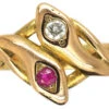 Edwardian 14ct Gold Double Snake Ring Set With A Ruby & Diamond 1 Edwardian 14ct Gold Double Snake Ring Set With A Ruby & Diamond -Antique Jewellery Company 8d8bb3a3 dsc03327