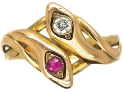 Edwardian 14ct Gold Double Snake Ring Set With A Ruby & Diamond