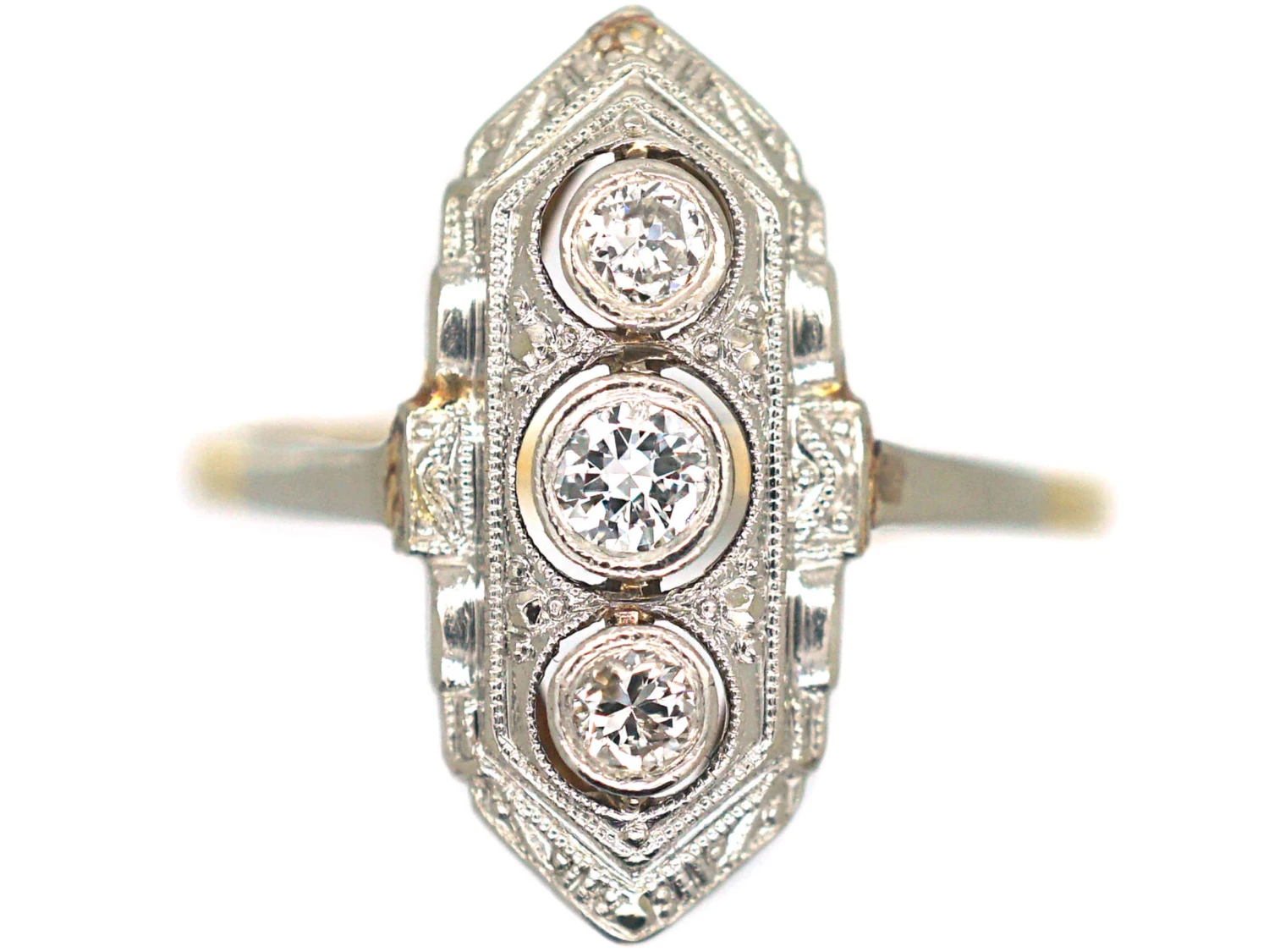 Art Deco 14ct Yellow & White Gold Three Stone Diamond Ring 3 Art Deco 14ct Yellow & White Gold Three Stone Diamond Ring
