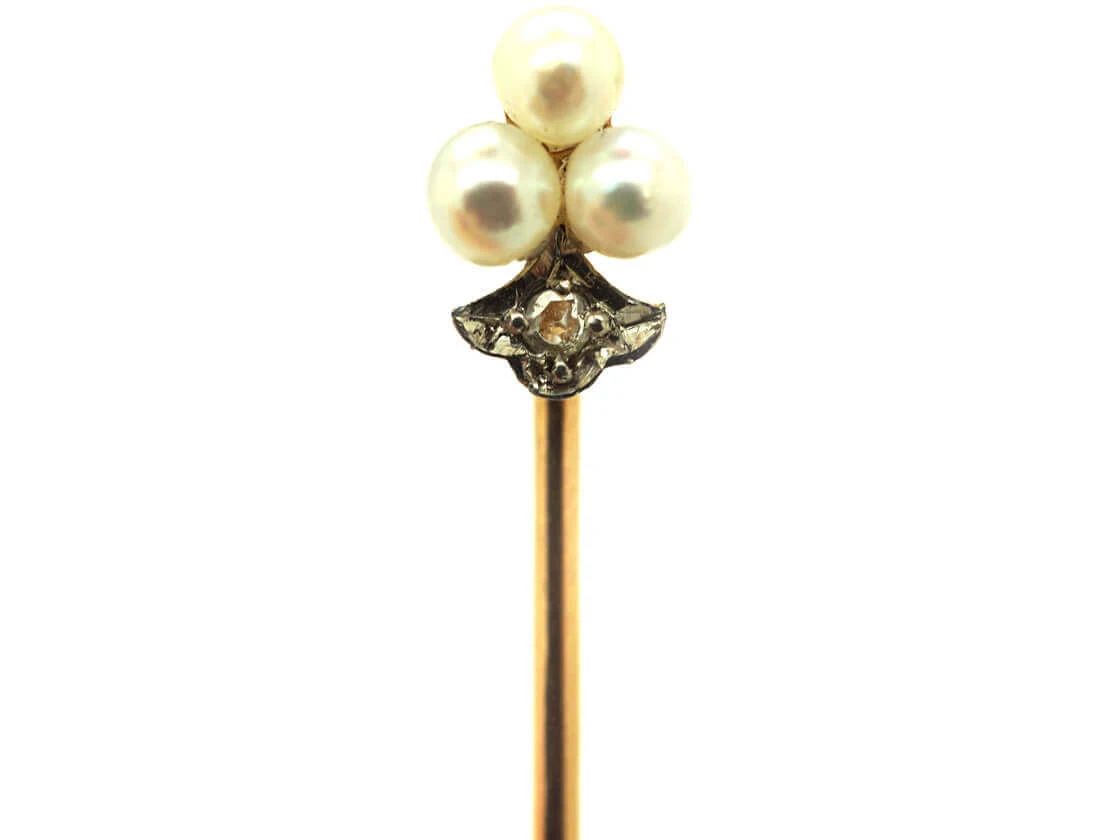 French 18ct Gold, Natural Pearl & Rose Diamond Tie Pin 3 French 18ct Gold, Natural Pearl & Rose Diamond Tie Pin